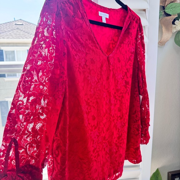 Charter Club Lace overlay blouse with 3/4 sleeves and cuff ties. Size Large - Picture 4 of 17